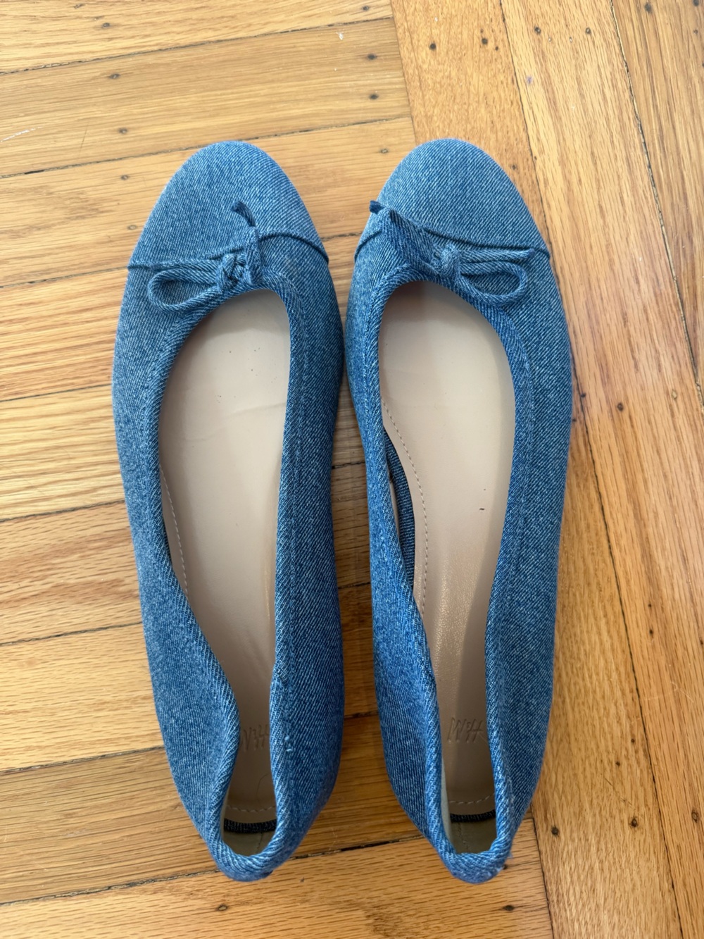 H&M Denim-Textured Blue Ballet Flats with Bow